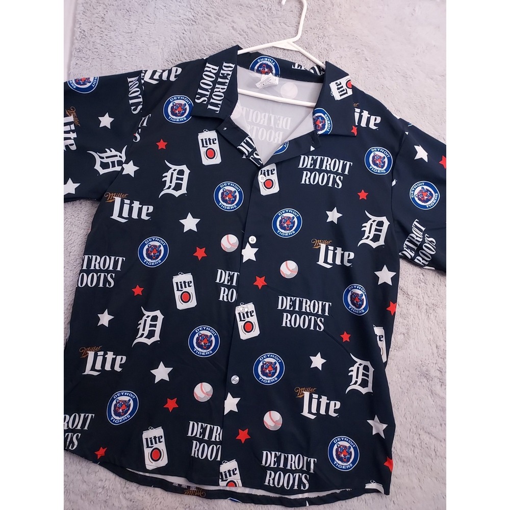 Detroit Tigers Shirt Mens Large Detroit Roots Miller Lite Beer Hawaiian Blue L